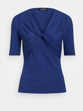 New XS Lauren Ralph Lauren Blue Twist Front Rib Knit Short Sleeve Top